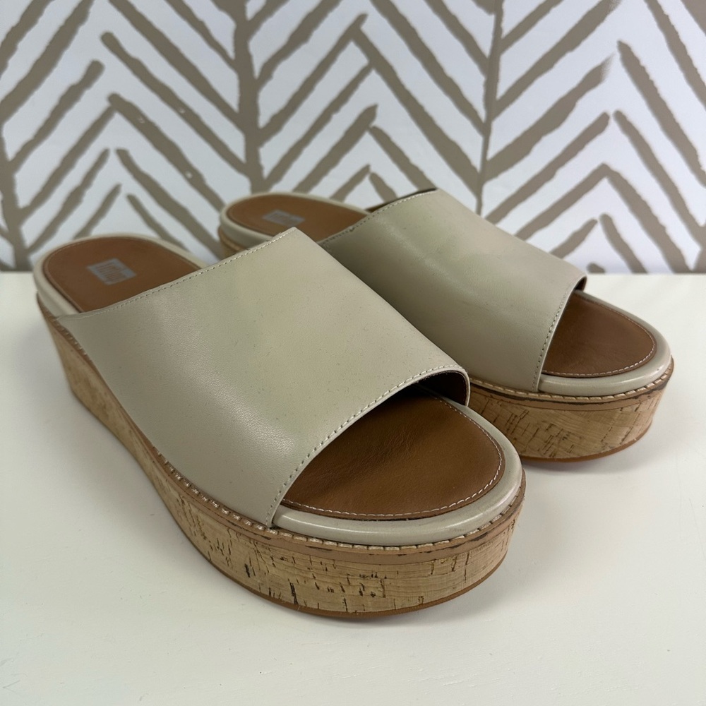 FitFlop Beige Leather Cork Platform Slide Sandals